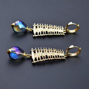 Long party earrings for women, glass bead drop dangle earrings gold